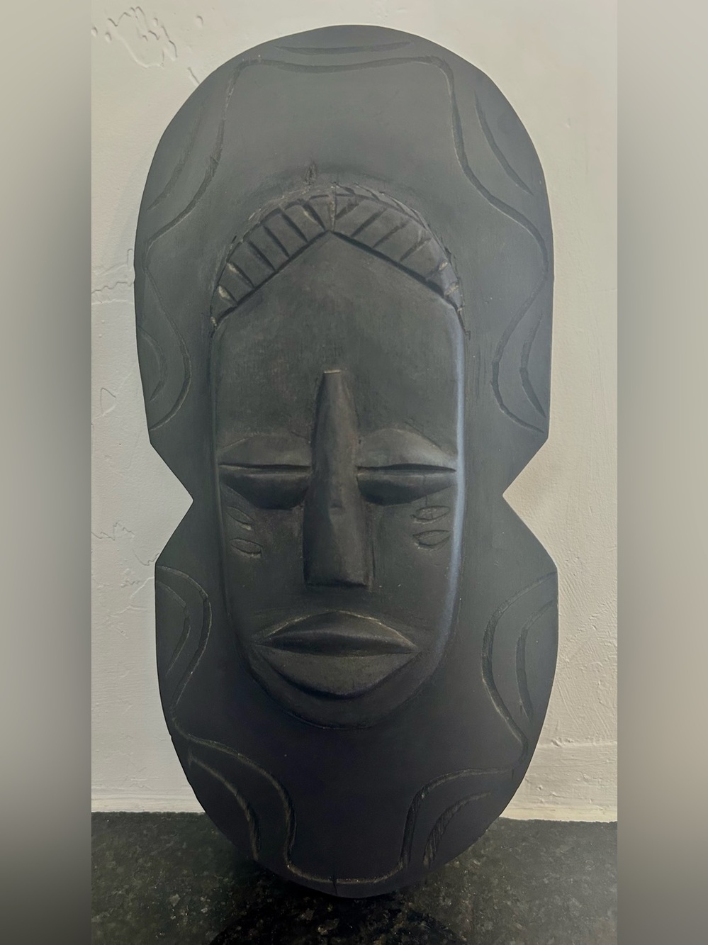 Vintage Hand Carved Wood Mask Black Shield Wall Art Decor Boho MCM